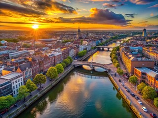 Wall Mural - Aerial View of Dublin Cityscape, River Liffey, Iconic Buildings at Sunset