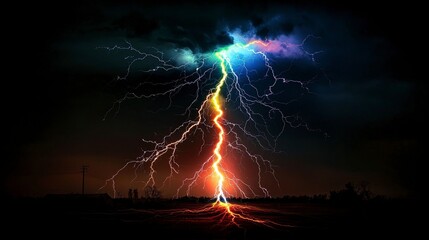 Poster - Dramatic rainbow lightning storm strikes landscape at night nature photography captivating atmosphere