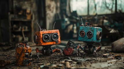 Poster - Emotional robots discovering sentience in an abandoned warehouse sci-fi scene industrial setting dramatic viewpoint