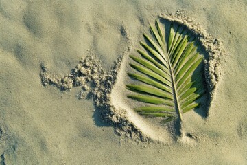 Poster - Palm frond resting gently on sandy beach surface