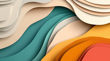 Wall Mural - Abstract layered paper art with smooth curves and gradient of warm and cool tones, creating flowing, organic composition with depth and shadow