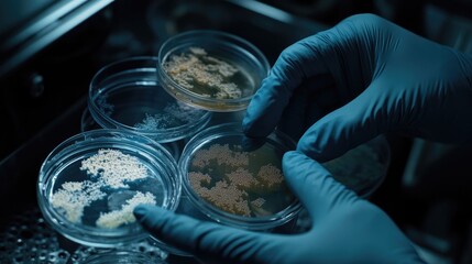 Poster - A scientists gloved hands holding multiple petri dishes with different bacterial cultures inside.
