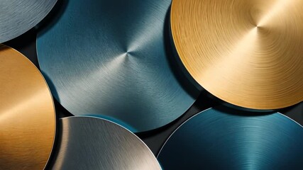 Poster - Captivating play of light and color on polished metal discs in an artistic display at a contemporary art exhibit. Generative AI