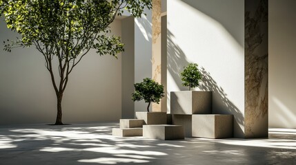 Poster - Geometric shapes and lush greenery minimalist space photographic art indoor natural light contemporary design