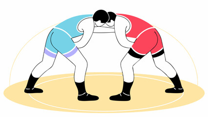 Two wrestlers in colorful uniforms are engaged in a grappling stance on a stylized mat. The blue and red attire contrasts with the neutral background, emphasizing the dynamic interaction.AI