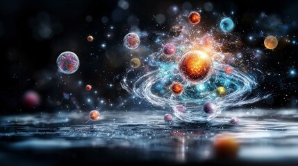 Aufkleber - Exploring atoms as hidden universes a cosmic dance of particles in a mystical space environment