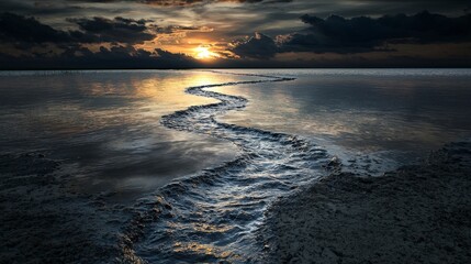 Aufkleber - Flowing thoughts sunset reflections on water's surface serene landscape nature photography tranquil environment