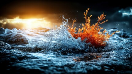 Poster - Dynamic water splash with fiery elements nature scene digital art sunset glow artistic perspective conceptual visualization