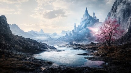 Aufkleber - Transforming landscapes enchanted castle amidst serene waters fantasy scene mystical environment aerial view