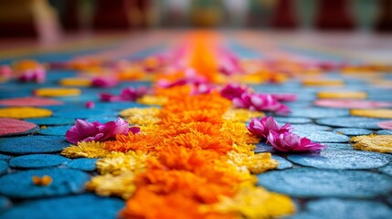 Colorful floral pathway, temple ceremony, India, spiritual event