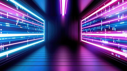 Poster - Futuristic corridor illuminated by vibrant blue and pink lights, creating a dynamic digital atmosphere.