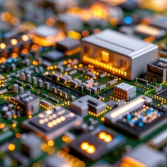 Poster - Close-up of a circuit board with glowing components and intricate details, futuristic smart city