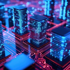 Poster - Futuristic cityscape with glowing buildings and circuit-like patterns.