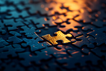 Poster - Close-up of a glowing puzzle piece among other pieces in a dark setting, symbolizing the concept of problem-solving, completion, and the search for solutions in a puzzle.