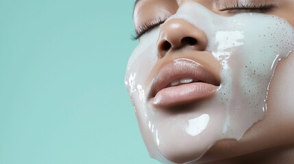 Wall Mural - Close-up of a woman's face with her eyes closed and her lips slightly parted. she is wearing a white face mask that covers her entire face.