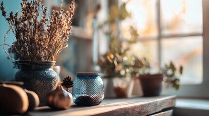 Wall Mural - Rustic arrangement of pottery and dried flowers on a wooden surface