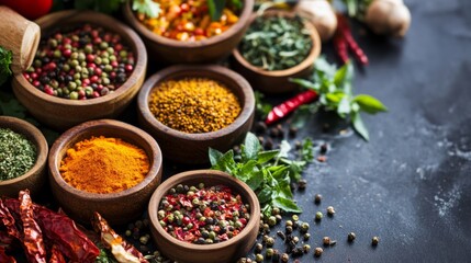 Canvas Print - Flat lay of colorful spices and herbs in rustic bowls