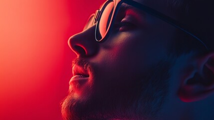 Canvas Print - Portrait of a man in sunglasses illuminated by red light