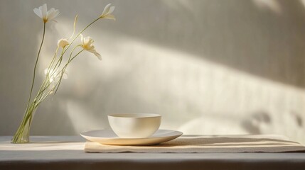 Wall Mural - Minimalist teacup with a flower casting shadows in sunlight