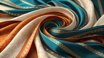 Swirling Colors and Texture:  A captivating close-up of luxurious fabric in vibrant teal, warm orange and cream, creating an abstract swirl of color and texture.  Perfect for textile design, fashion.