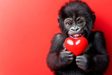 Digital ads visual idea. Digital ads creative. Gorilla - my treasured animal. Cute gorilla baby with furry friend toy red heart - sign of love, funny greeting card. Valentine's wildlife art.