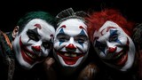 Happy clowns celebrate joy and laughter at a festival during the night with bright face paint and cheerful expressions