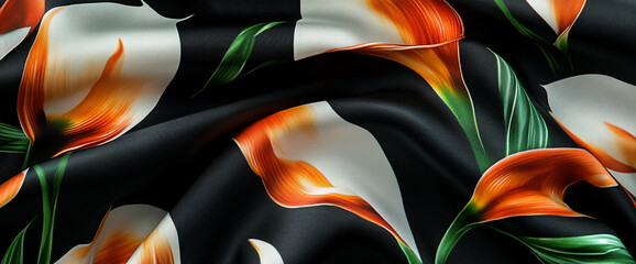 Aufkleber - Close-up of vibrant orange calla lilies on a black fabric background, symbolizing elegance, beauty, and nature, with smooth fabric folds and delicate floral details.