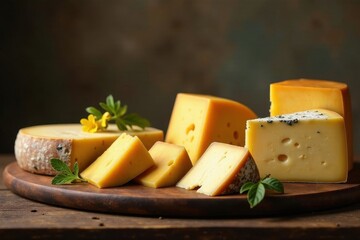 Wall Mural - Artisan Cheese Selection A Rustic Display of Golden and Peppered Varieties on a Wooden Board