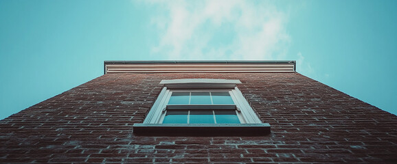 Aufkleber - Looking up at a brick wall with a single window, showcasing the verticality of urban architecture and minimalistic design against the backdrop of a blue sky.