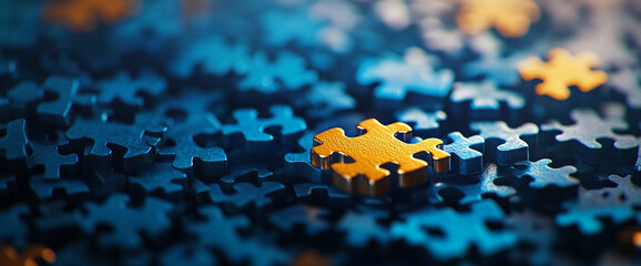 Poster - A close-up view of a puzzle piece standing out in a sea of blue puzzle pieces, highlighting individuality, uniqueness, and problem-solving.