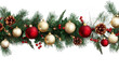 © jianhua - Background image of fir leaves, Christmas balls, and red bows