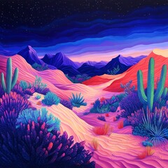 Wall Mural - Surreal desert landscape with vibrant colors, purple sand dunes, and glowing plants