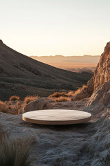 Poster - A minimalist round podium placed in a desert landscape surrounded by rocky formations and dry grass, symbolizing emptiness, focus, and isolation with a sense of vast space.