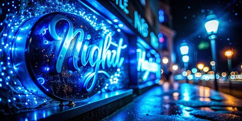 Wall Mural - Close-up Blue Neon Sign Night Photography Stock Photo