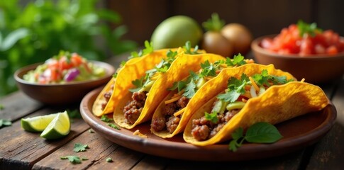 Wall Mural - Savory Ground Meat Tacos with Fresh Cilantro and Lime Garnish on Rustic Wooden Table