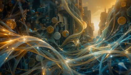 Poster - Abstract Cityscape with Flowing Light Streaks and Spheres, Futuristic Design