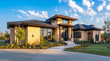 Aufkleber - Modern luxury brick home with large windows and lush landscaping, located in a suburban neighborhood, representing contemporary living and architectural design.
