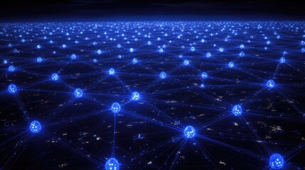 Poster - A web of people connected by glowing blue nodes, symbolizing global communication and networking.