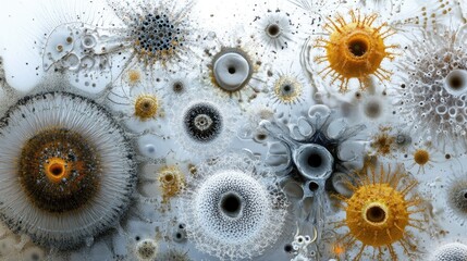 Poster - An artistic rendering of multiple microorganisms, including bacteria, viruses, and fungal spores.