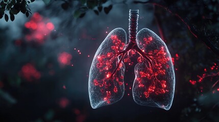 Poster - An artistic visualization of virus invasion into a transparent lung, with red highlights on affected regions.