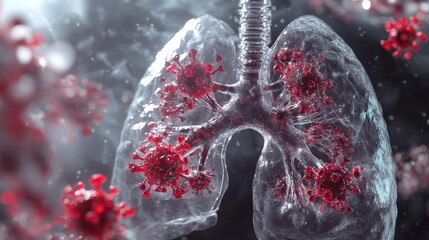 Poster - An artistic visualization of virus invasion into a transparent lung, with red highlights on affected regions.