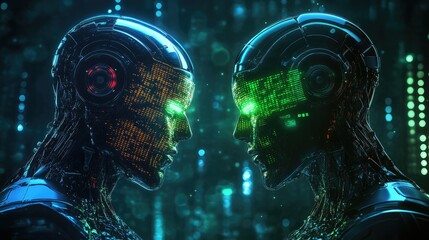 Poster - Two humanoid robots standing face to face, exchanging digital data through their glowing eyes.
