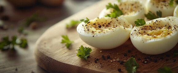 Wall Mural - Close-up of halved boiled eggs with freshly cracked black pepper and parsley garnish on a wooden board, symbolizing healthy eating and fresh ingredients.