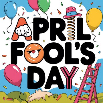 April Fool’s Day Celebration, Fun Typography Design, Playful Prank Theme, Colorful Festive Balloons, Trickster Elements, Party Confetti, Creative Joke Concept, Funny Holiday Art