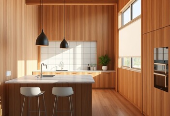 Sunny light shades and eco style wooden kitchen room with wooden walls, marble tabletop, modern bar stools and squared glass wall instead of window. 3D rendering. 8k