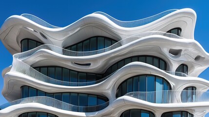 Wall Mural - Modern white building with flowing, wave-like architecture and balconies against a clear blue sky.