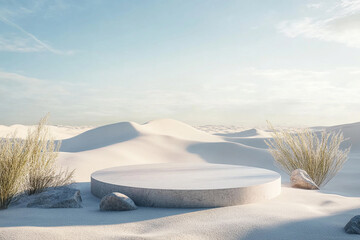 Poster - A minimalist round pedestal surrounded by sand dunes and rocks, set in a serene desert landscape with clear skies, symbolizing solitude, emptiness, and peacefulness.