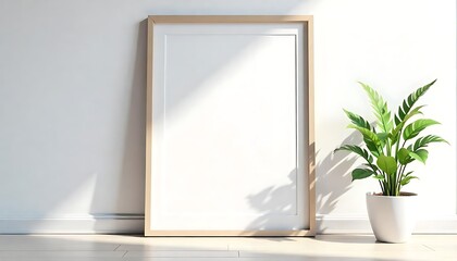 Poster - Large blank frame and potted plant in minimalist sunlit room