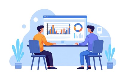 Poster - Two colleagues collaborating on data analysis using a computer displaying charts and graphs.