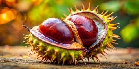 Cracked Conker Nut, Spiky Brown Seed Shell, Autumn Nature Close-up